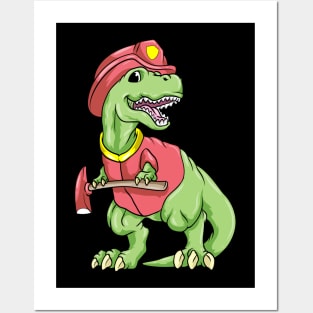 Cool dinosaur as a firefighter with an axe Posters and Art